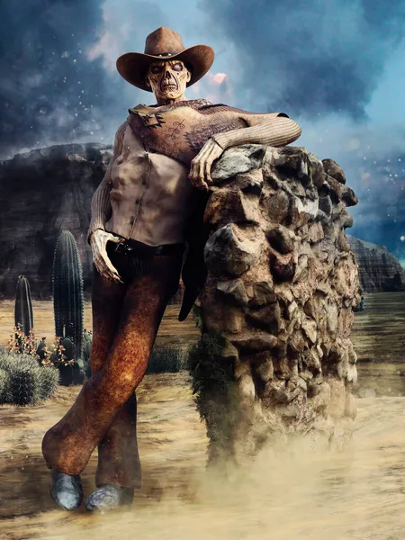 Cena Fantasia Com Cowboy Zumbi Inclinado Sobre Uma Parede Pedra — Fotografia de Stock