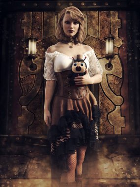 Steampunk kıyafetli bir kız, peluş bir oyuncak tutuyor, eski bir endüstriyel duvarın önünde duruyor. 3 Boyutlu Hazırlama. 