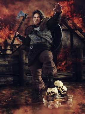 Yanan bir köyün önündeki kafatası ve kemik yığınının üzerinde duran baltalı bir Viking savaşçısı. 3 Boyutlu Hazırlama.