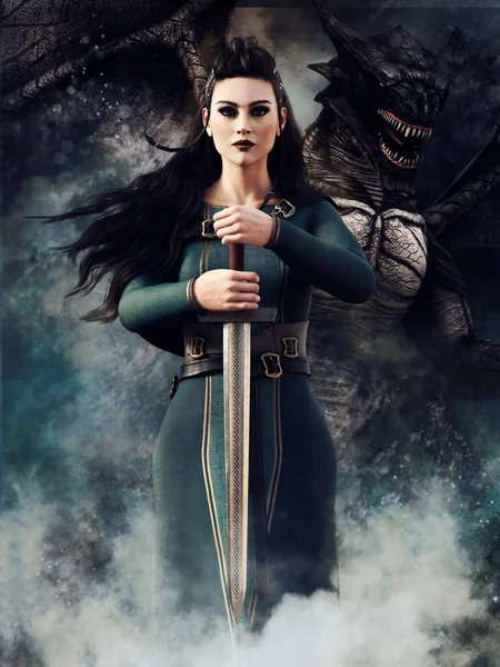 Kılıç tutan Viking savaşçısı kadın, arkasında da siyah bir ejderha var. 3 Boyutlu Hazırlama.