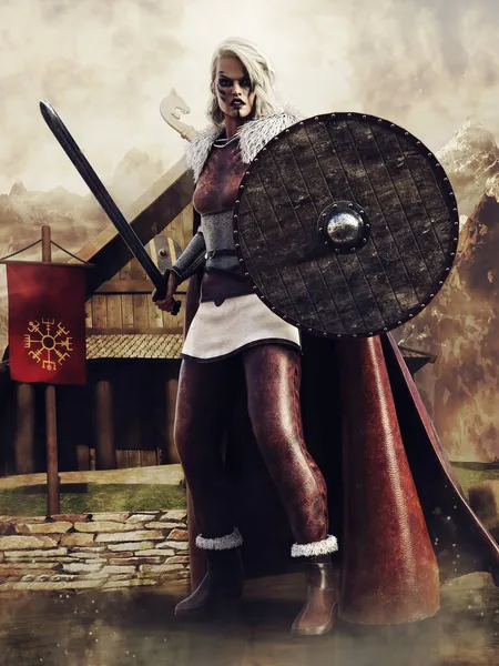 Viking woman warrior with a sword and shield standing in front of a wooden village house. 3D render.