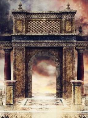 Renkli bir manzarada sütunları olan antik bir kapının olduğu fantezi sahnesi. 3 Boyutlu Hazırlama.