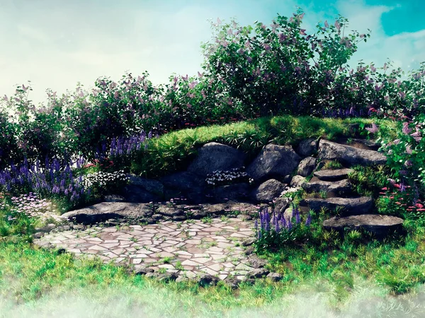 Green Scenery Stone Path Steps Green Meadow Trees Render — Stock Photo, Image