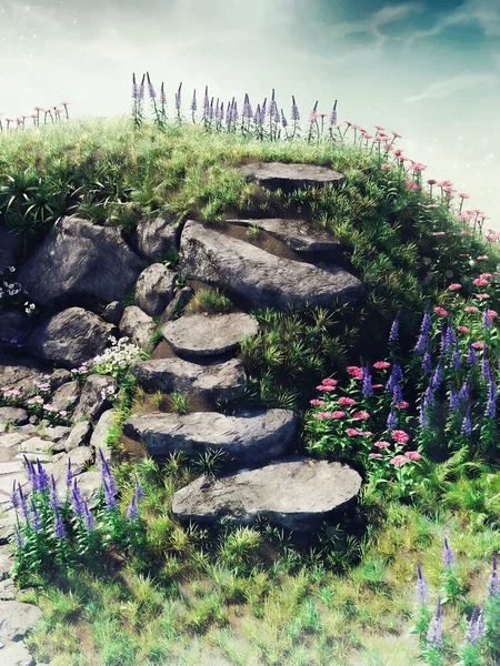 Colorful Scene Steps Made Rocks Green Flowering Meadow Render — Stockfoto