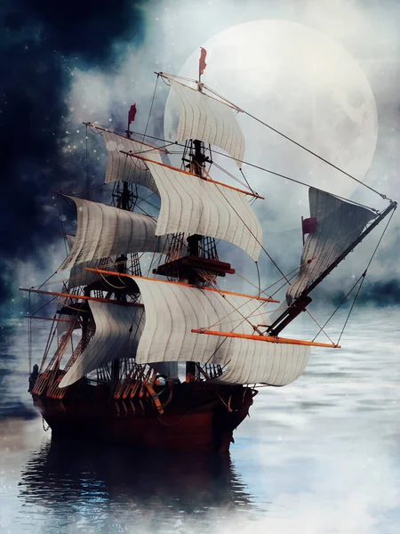Dark Scene Medieval Ship Sailing Sea Full Moon Night Render — Stockfoto