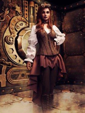 Steampunk saatli bir fantezi sahnesi ve Steampunk kıyafeti giyen bir kız. 3 Boyutlu Hazırlama.