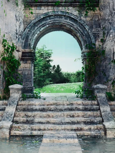Kamenné Schody Brána Vedoucí Zelené Kvetoucí Louce Lesu Vykreslení — Stock fotografie