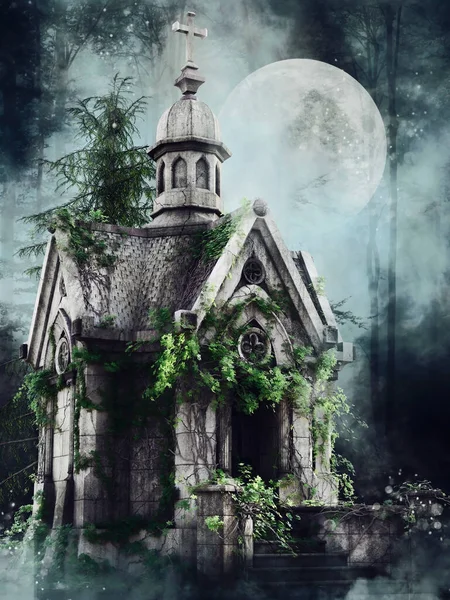 Night Scene Gothic Chapel Green Vines Trees Background Render — Stock Photo, Image