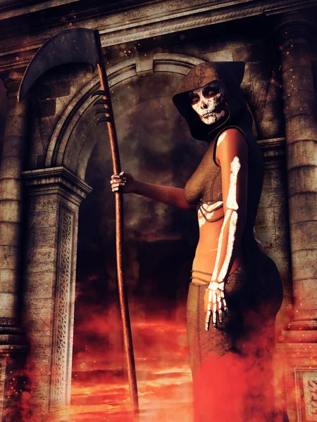 幻想中的女性死亡与骨骼化妆拿着镰刀站在门口 3D渲染 — 图库照片