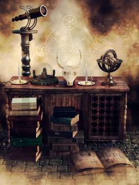 Astrolog aletleri, kitaplar ve astrolojik sembollerle dolu ahşap bir masa. 3 Boyutlu Hazırlama.