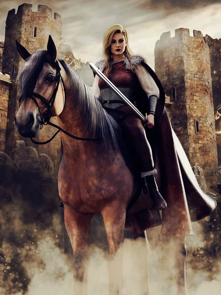 中世の城の前に馬に座って剣とファンタジーの女性の騎士 3Dレンダリング — ストック写真