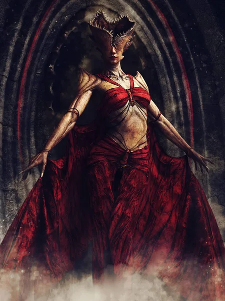 Таинственная Фантазия Женщины Чудовищным Лицом Красном Платье Стоящей Перед Темными — стоковое фото