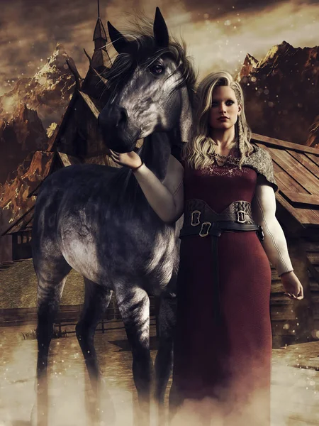 Mujer Joven Parada Junto Caballo Negro Frente Pueblo Vikingo Renderizado — Foto de Stock