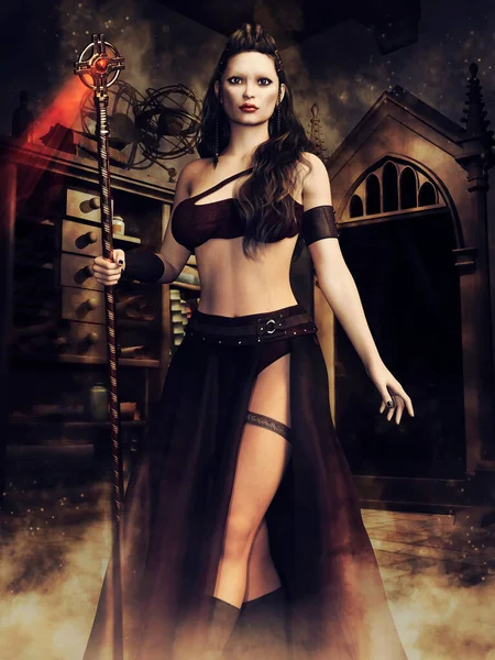 Fantasy Scene Sorceress Holding Long Staff Standing Front Wooden Cabinet — Stock Photo, Image