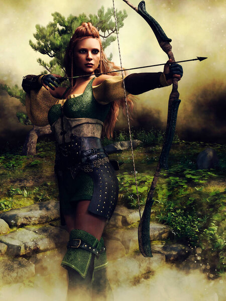 Young woman with a bow and arrow standing on a meadow near a small green tree. 3D render.