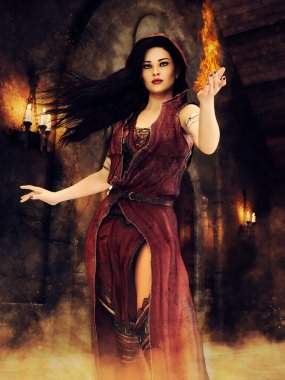 Fantasy scene with a young sorceress holding a flame in her hand and standing in a castle corridor. 3D render. clipart