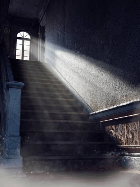 Dark Scene Dusty Stairs Old House Lit Ray Light Coming — Stock Photo, Image