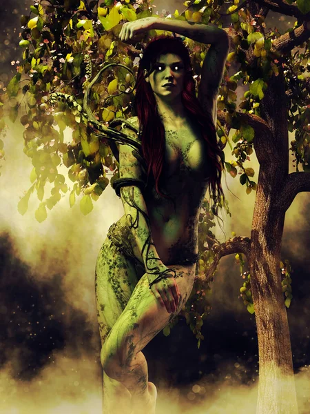 Fantasy Dryad Gekleed Groene Wijnstokken Staan Voor Een Groene Boom — Stockfoto