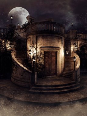 Gece fener ve asmalı mezarlık şapeli, arka planda dolunay var. 3 Boyutlu Hazırlama.