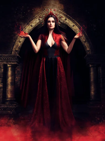 Fantasy Scene Sorceress Red Dress Standing Red Smoke Holding Flames — Stock Photo, Image