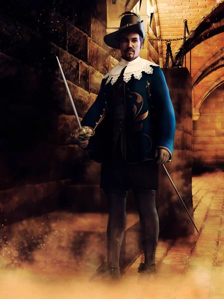 Fantasy Musketeer Two Swords Standing Front Castle Stairs Night Render — Stock Photo, Image