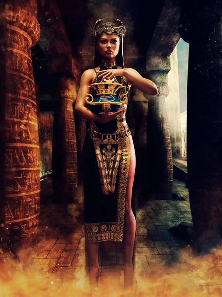 Fantasy Ancient Egyptian Priestess Standing Vase Column Hieroglyphs Render — Stock Photo, Image
