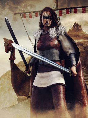 Teknenin önünde kılıçlı bir Viking kadın savaşçının olduğu fantezi sahnesi. 3 Boyutlu Hazırlama.