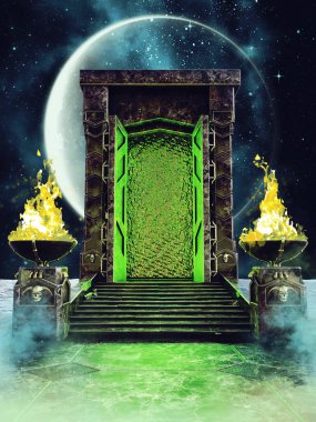 Fantasy portal to another world with green light agaist the night sky and full moon. 3d render. 
