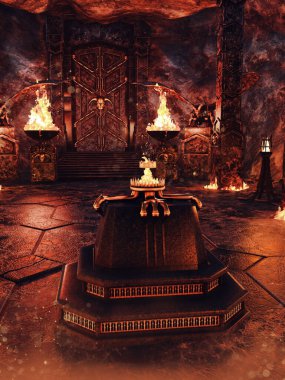 Ateş yakan fantezi tapınağı, taş heykeller ve ortasında sunak. 3 Boyutlu Hazırlama. 