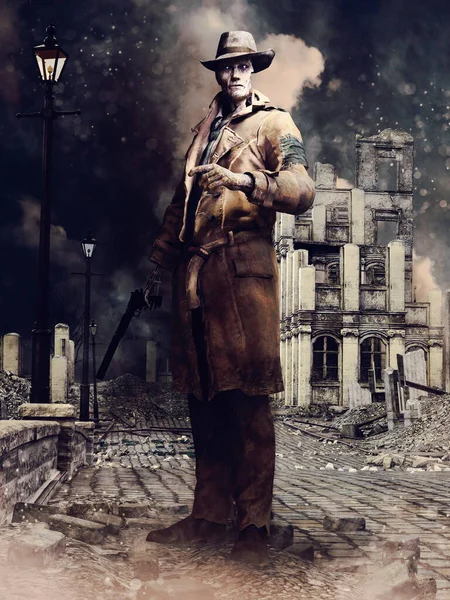 Harabe bir şehrin caddesinde elinde tüfeği olan bir adamın hayaletinin olduğu korku sahnesi. 3 Boyutlu Hazırlama.