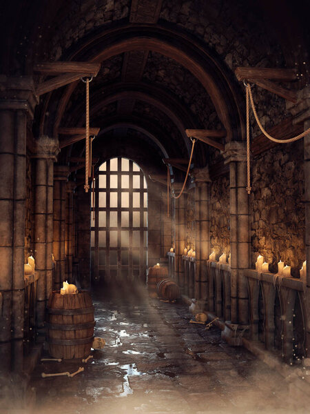 Dark scene with a medieval dungeon with ropes, candles, skulls and water on the floor. 3D render.