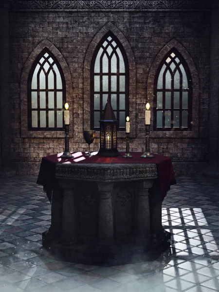 Fantasy Altar Lantern Candles Medieval Chamber Night Render — Foto de Stock