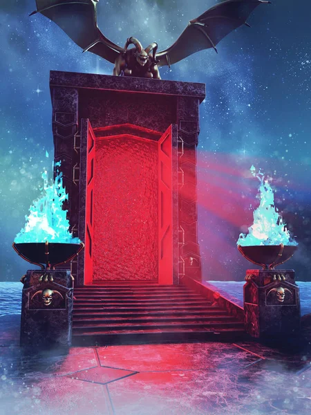 Fantasy Portal Stone Gargoyle Blue Fire Burners Shining Red Light — Photo