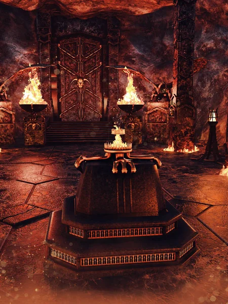 Ateş yakan fantezi tapınağı, taş heykeller ve ortasında sunak. 3 Boyutlu Hazırlama. 