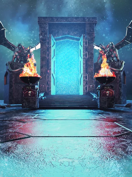 Fantasy Shrine Blue Light Fire Burners Large Stone Gargoyles Guarding — Stockfoto