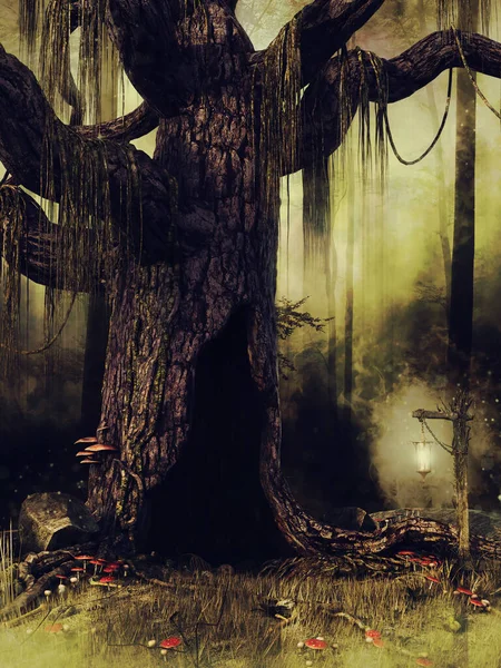 Fantasy Old Tree Entrance Underworld Lantern Render — Stock Photo, Image