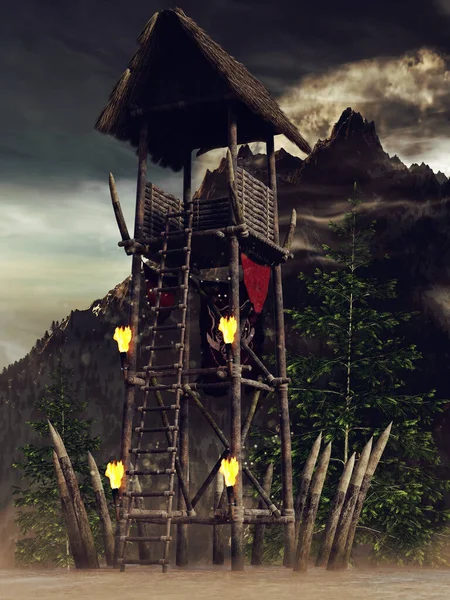 Fantasy Wooden Warchtower Torches Trees Mountains Night Render — Stock Photo, Image