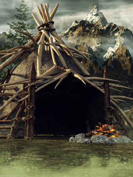 Fantasy Wooden Orc Hut Bonfire Mountains Forest Render — Stock Photo, Image