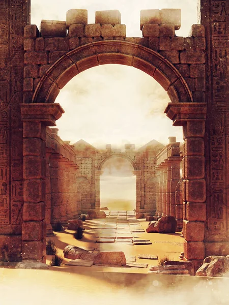 Фантастична Сцена Аркою Зруйнованому Єгипетському Храмі Пустелі Render — стокове фото