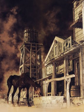 Horror scene with an abandoned Wild West street and an undead horse. 3D render. clipart