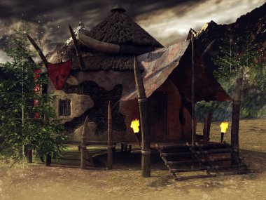 Fantasy orc hut in the mountains, with trees around and torches outside. 3D render. clipart