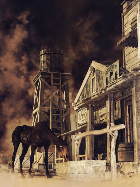 Horror scene with an abandoned Wild West street and an undead horse. 3D render.