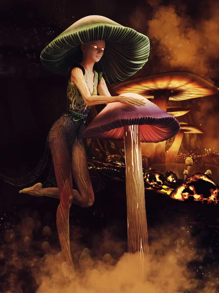 Mulher Fantasia Chapéu Cogumelo Uma Floresta Cogumelos Coloridos Renderização — Fotografia de Stock