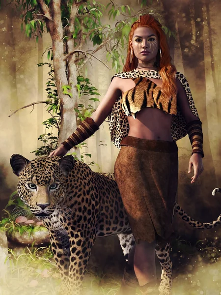 Jonge Vrouw Tribale Kleren Staand Met Een Luipaard Onder Een — Stockfoto