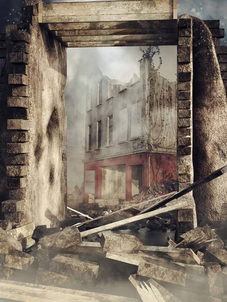 Scène Apocalyptique Avec Une Porte Ruine Menant Une Ville Détruite — Photo