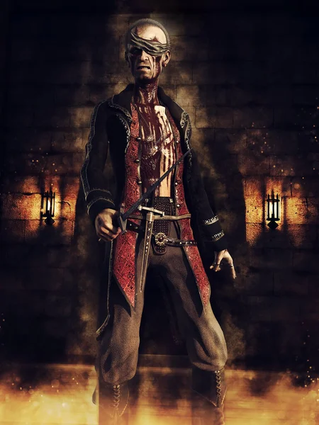 Dark Scene Zombie Pirate Standing Dungeon Holding Sword Render — Stockfoto