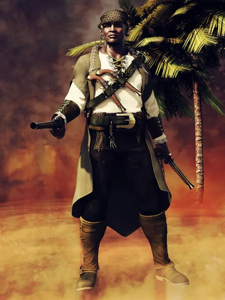 Fantasy Pirate Standing Palm Tree Deserted Island Holding Pistol Render — Fotografia de Stock