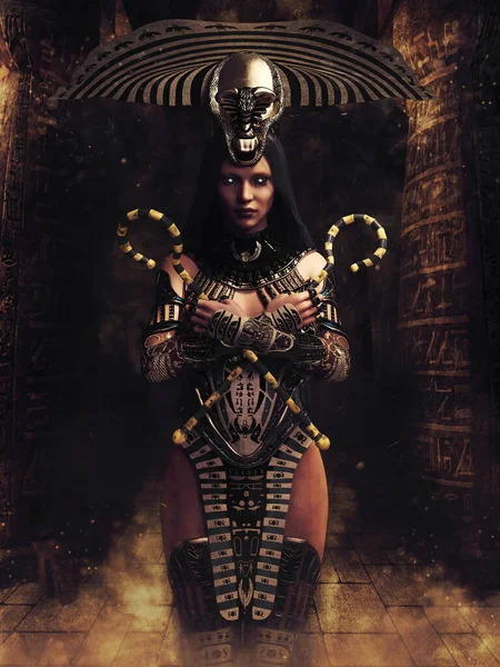 Fantasy Priestess Ancient Egyptian Outfit Holding Two Staffs Her Hands — Foto Stock