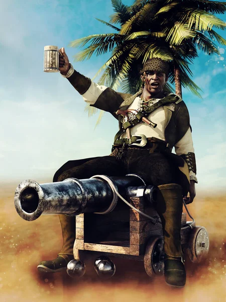 Fantasy Scene Pirate Drinking Rum Sitting Cannon Palm Tree Render — Stockfoto
