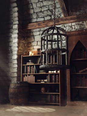 Fantasy room with an iron cage hanging from the ceiling, a bookshelf and barrel. 3D render.